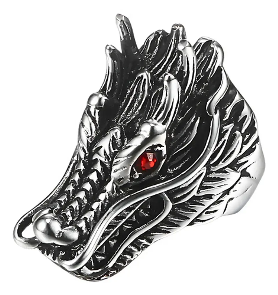 Anillo Piedra Cz Dragón Color Plata Acero Inoxidable Hombre 5