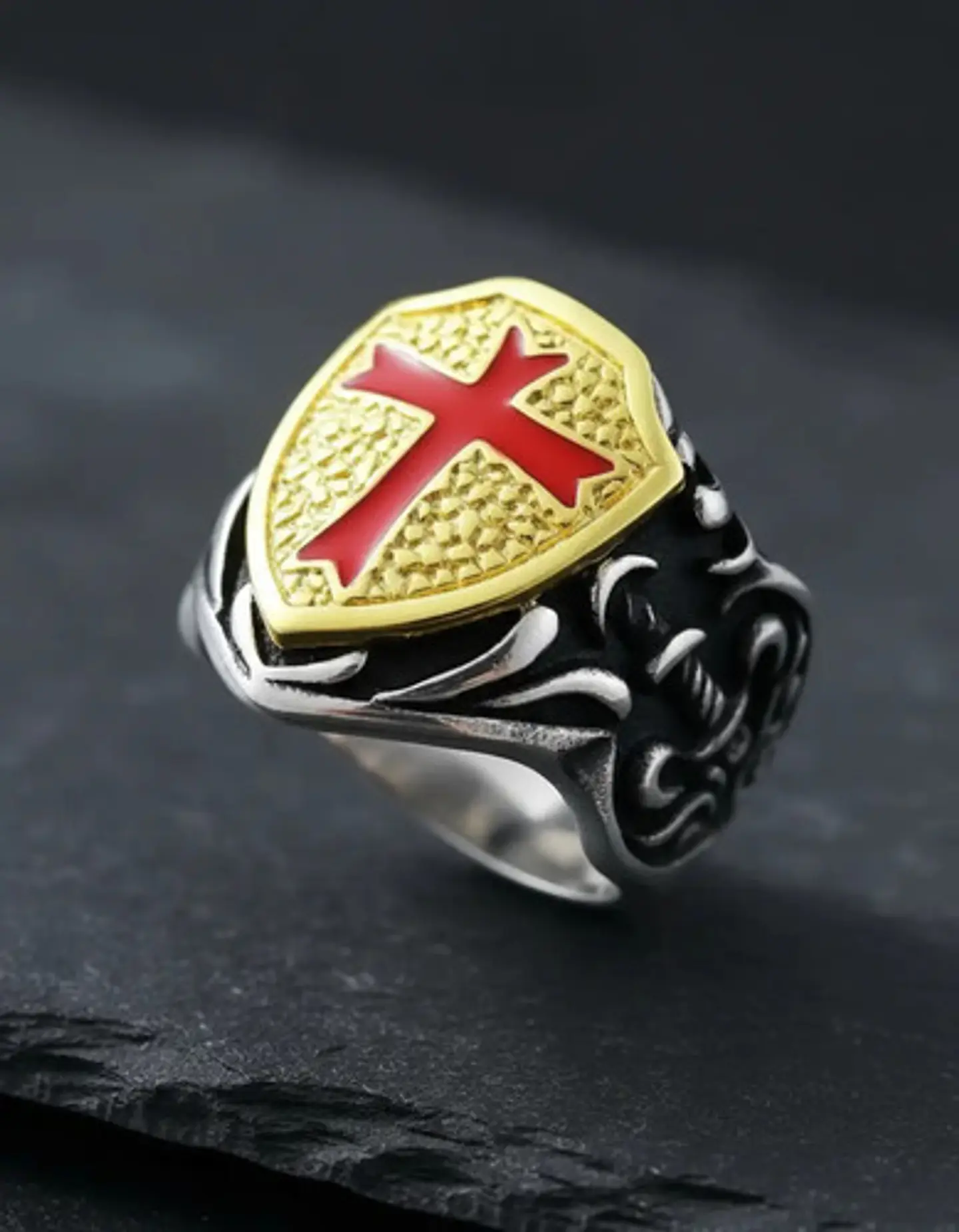 Anillo Color Plata Cruz Caballeros Templarios Acero Hombre 7