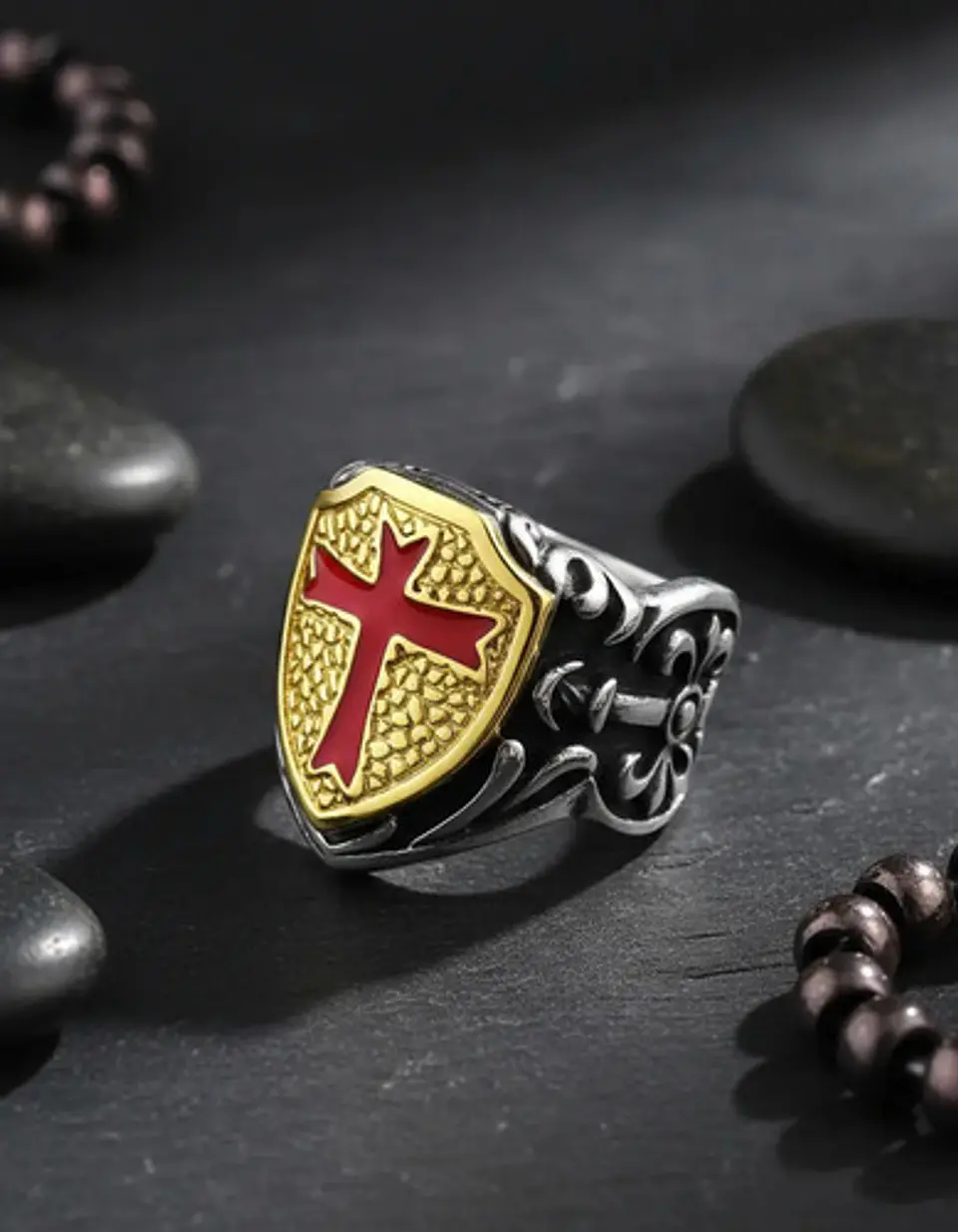 Anillo Color Plata Cruz Caballeros Templarios Acero Hombre 8