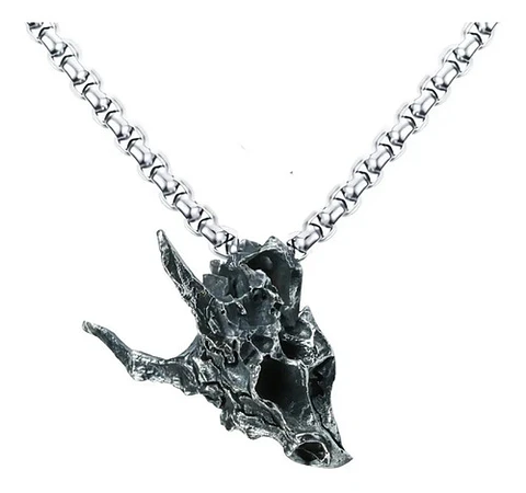 Collar Dije Dragón Petrificado Color Plata Industrial Hombre