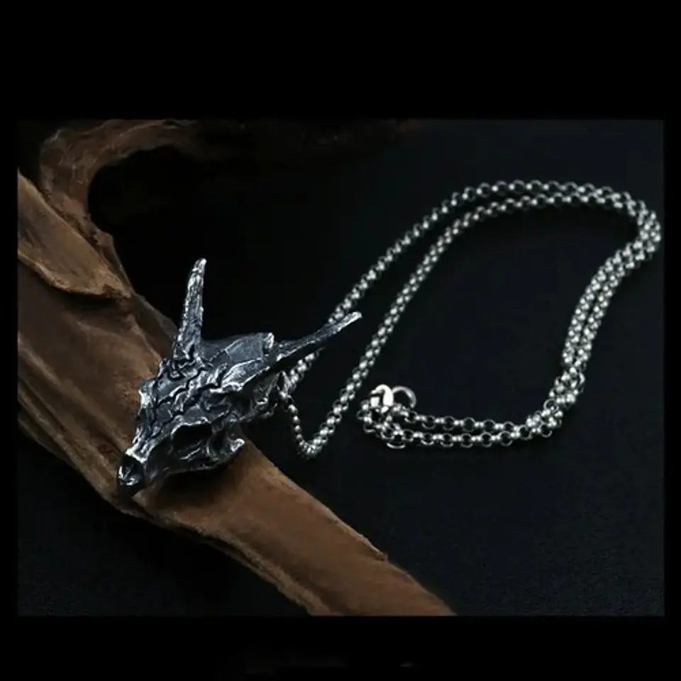 Collar Dije Dragón Petrificado Color Plata Industrial Hombre 2