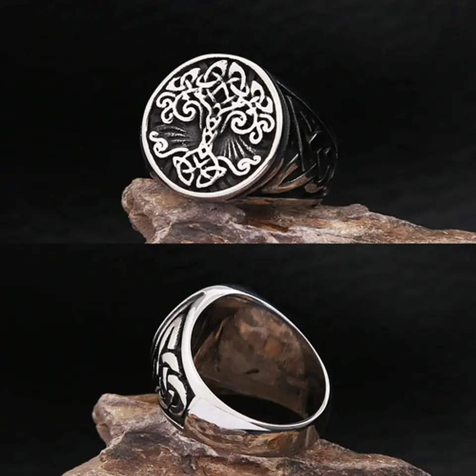 Anillo Color Plata Árbol De La Vida  Acero Inoxidable Hombre 8