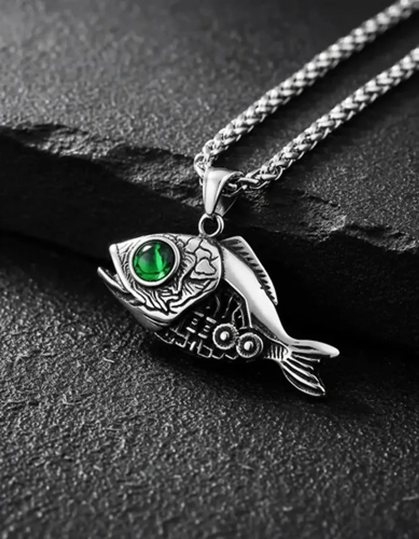Collar Pez Mecánico Color Plata Acero Inoxidable Para Hombre 5