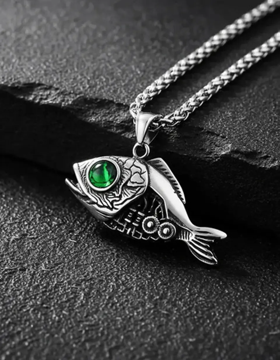 Collar Pez Mecánico Color Plata Acero Inoxidable Para Hombre 5