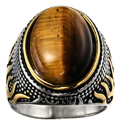Anillo Piedra Ojo De Tigre Llamas Acero Inoxidable Hombre