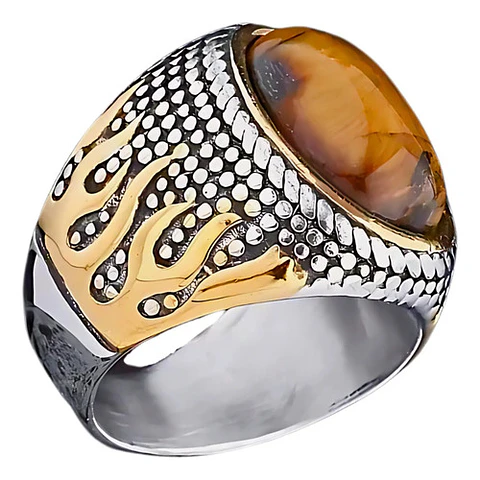 Anillo Piedra Ojo De Tigre Llamas Acero Inoxidable Hombre