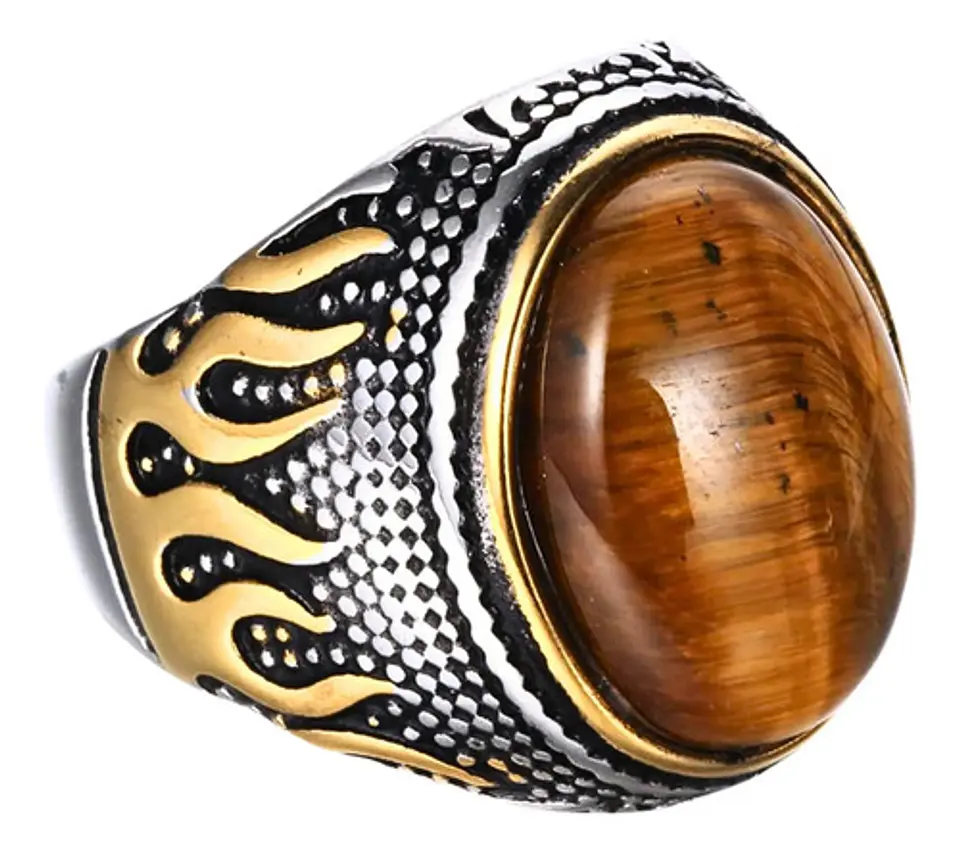 Anillo Piedra Ojo De Tigre Llamas Acero Inoxidable Hombre 3