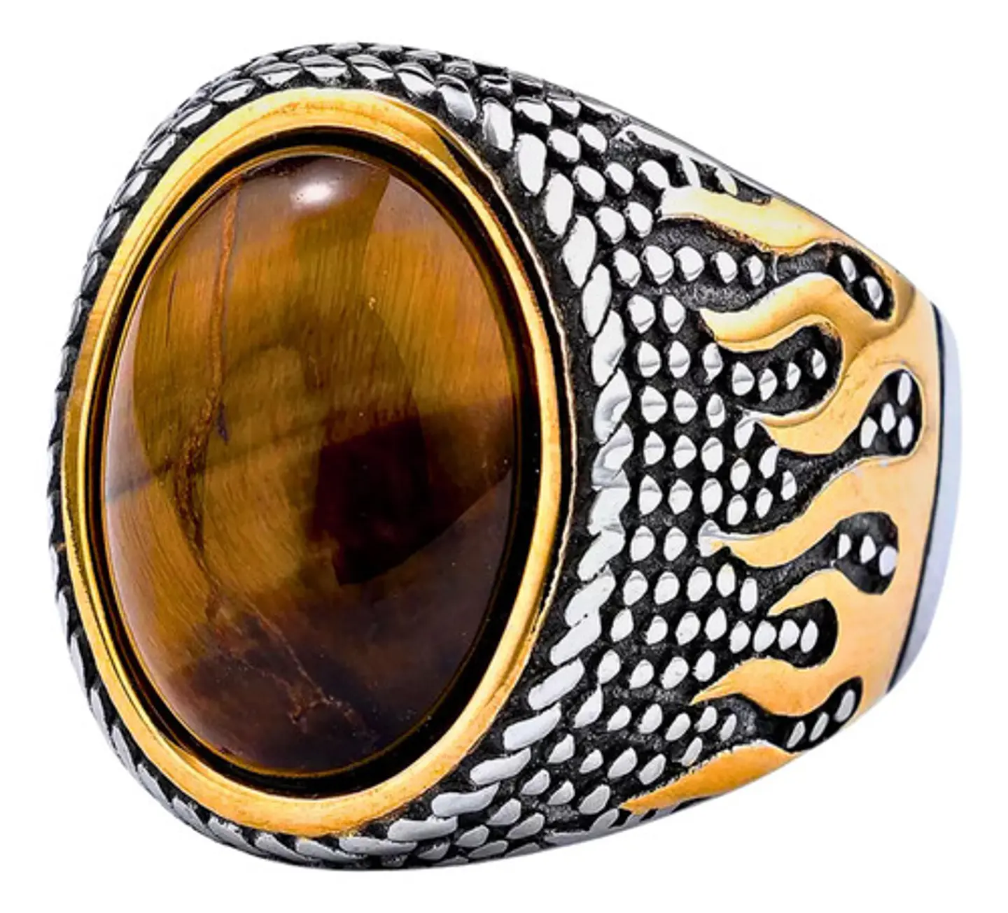 Anillo Piedra Ojo De Tigre Llamas Acero Inoxidable Hombre 5