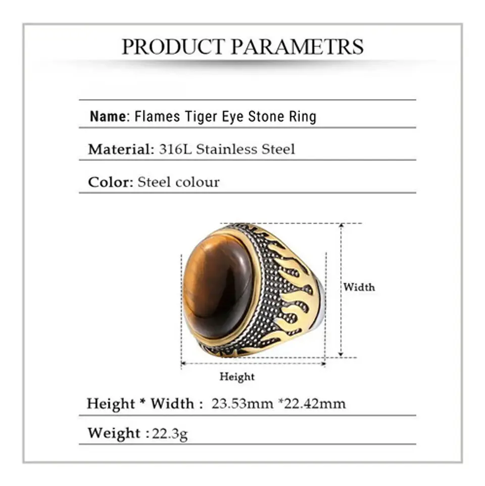 Anillo Piedra Ojo De Tigre Llamas Acero Inoxidable Hombre 6