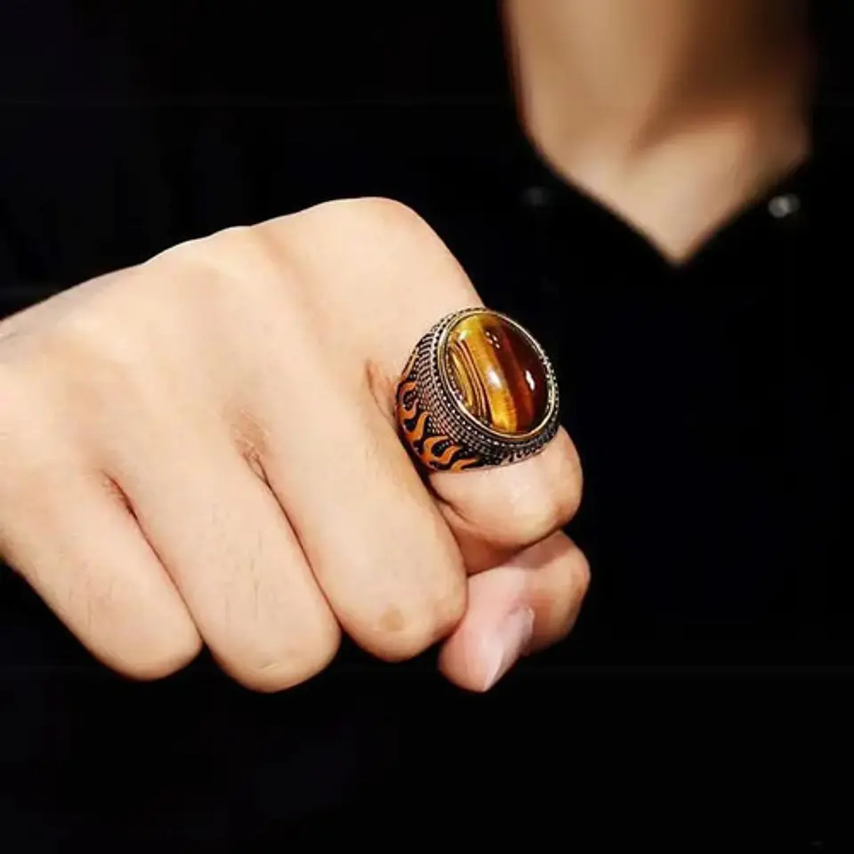 Anillo Piedra Ojo De Tigre Llamas Acero Inoxidable Hombre 8
