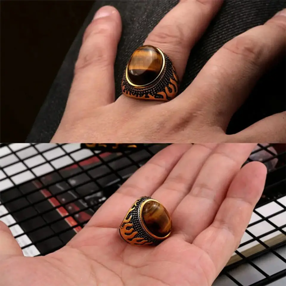 Anillo Piedra Ojo De Tigre Llamas Acero Inoxidable Hombre 9