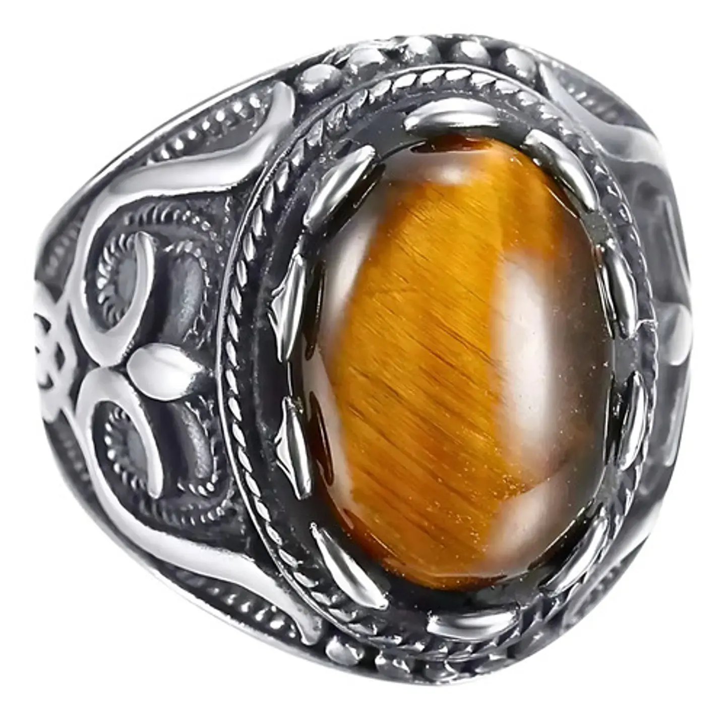 Anillo Piedra Ojo De Tigre Llamas Acero Inoxidable Hombre 10