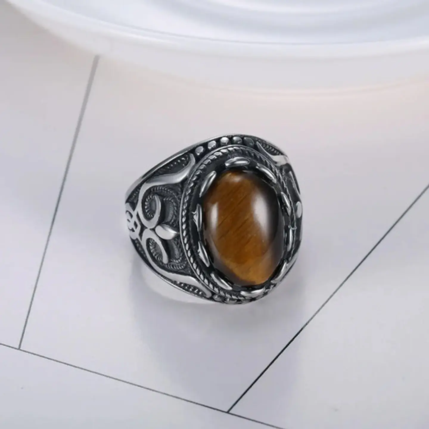 Anillo Piedra Ojo De Tigre Llamas Acero Inoxidable Hombre 11