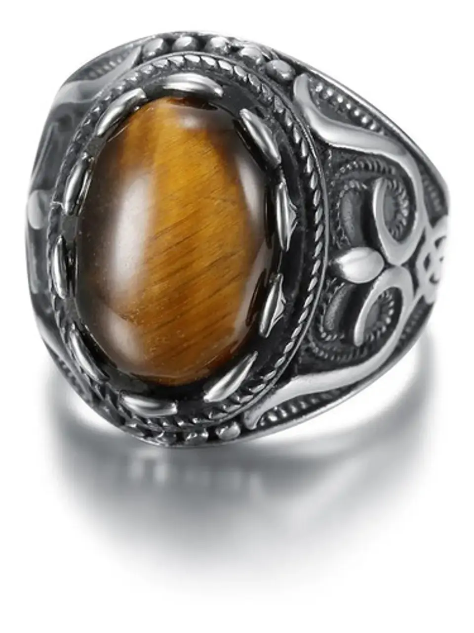 Anillo Piedra Ojo De Tigre Llamas Acero Inoxidable Hombre 12