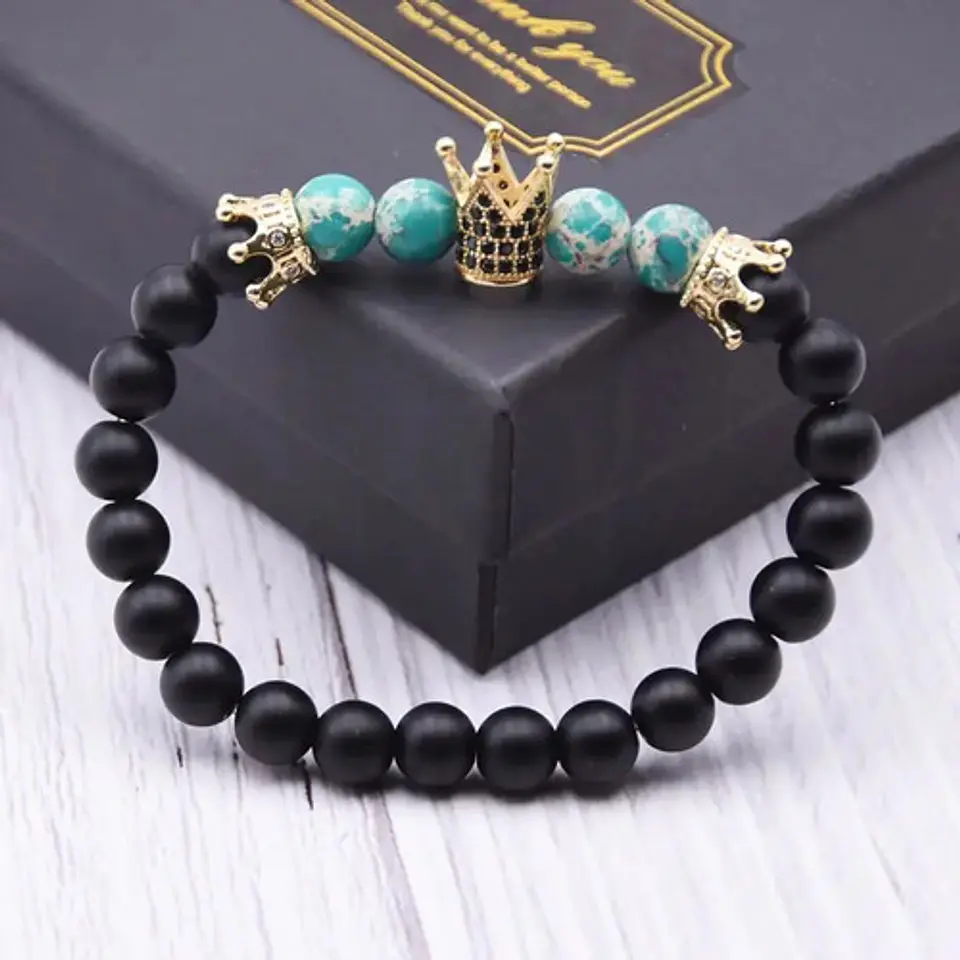 Pulsera Manilla Piedras Naturales Corona Rey Cz Para Hombre 3