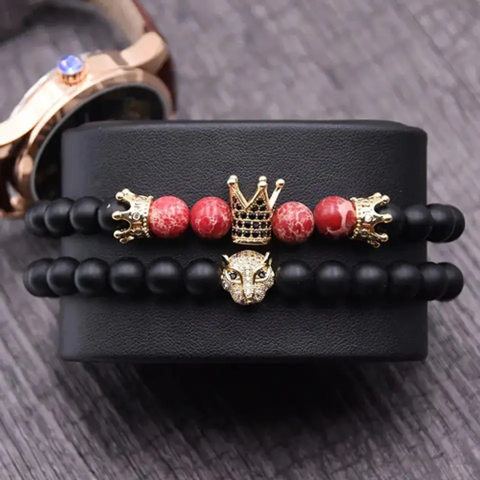 Pulsera Manilla Piedras Naturales Corona Rey Cz Para Hombre 6