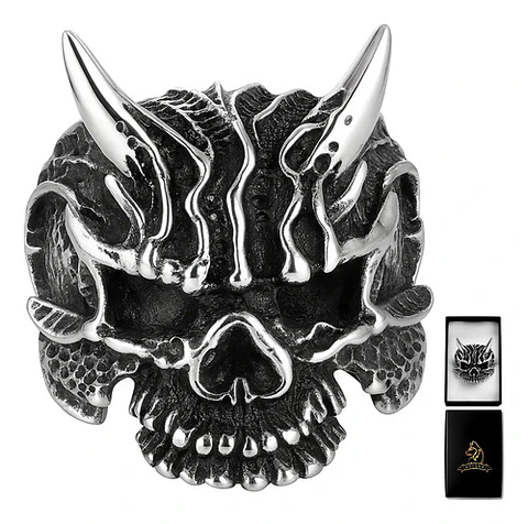 Anillo Para Hombre Cabeza Demonio Cráneo Acero Color Plata
