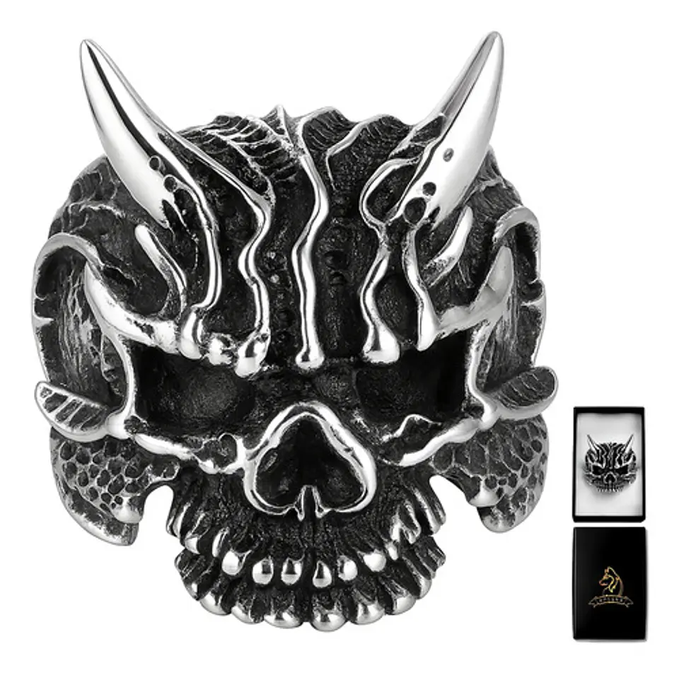 Anillo Para Hombre Cabeza Demonio Cráneo Acero Color Plata 1
