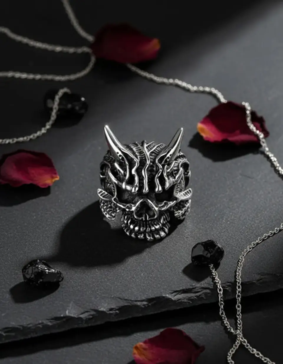 Anillo Para Hombre Cabeza Demonio Cráneo Acero Color Plata 2