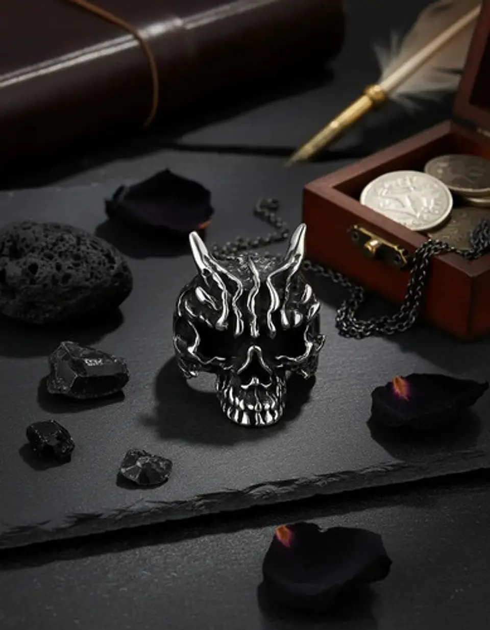 Anillo Para Hombre Cabeza Demonio Cráneo Acero Color Plata 3