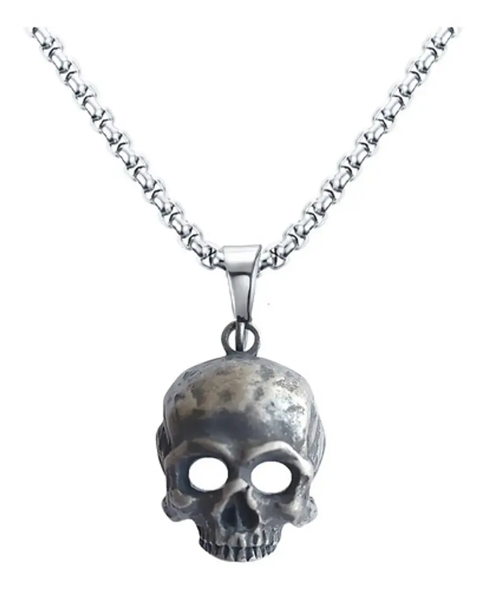 Collar Craneo Color Plata Industrial Calavera Skull Hombre 1