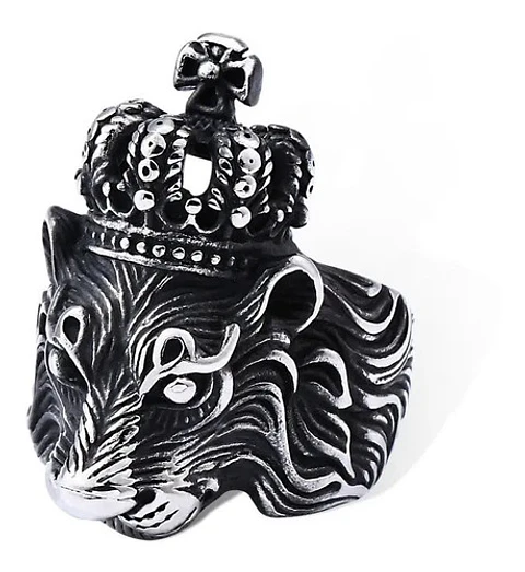 Anillo Color Plata Rey Leon Corona Acero Inoxidable Hombre