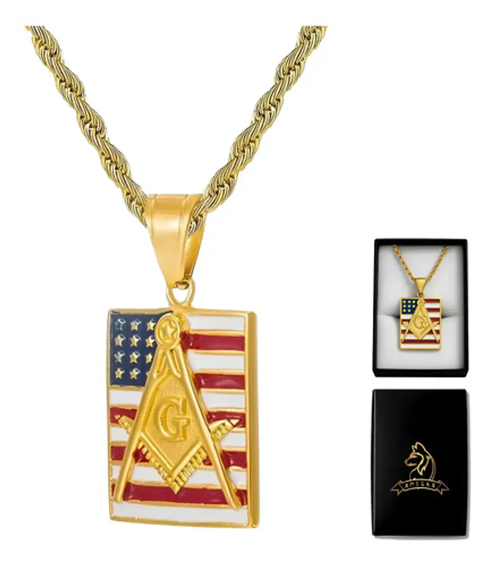 Collar Para Hombre Dije Escuadra Mason Ee.uu Acero Color Oro Dorado 1