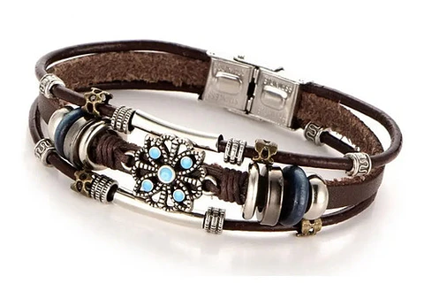 Pulsera Brazalete Manilla Cuero Tipo Bohemia Piedra Hombre