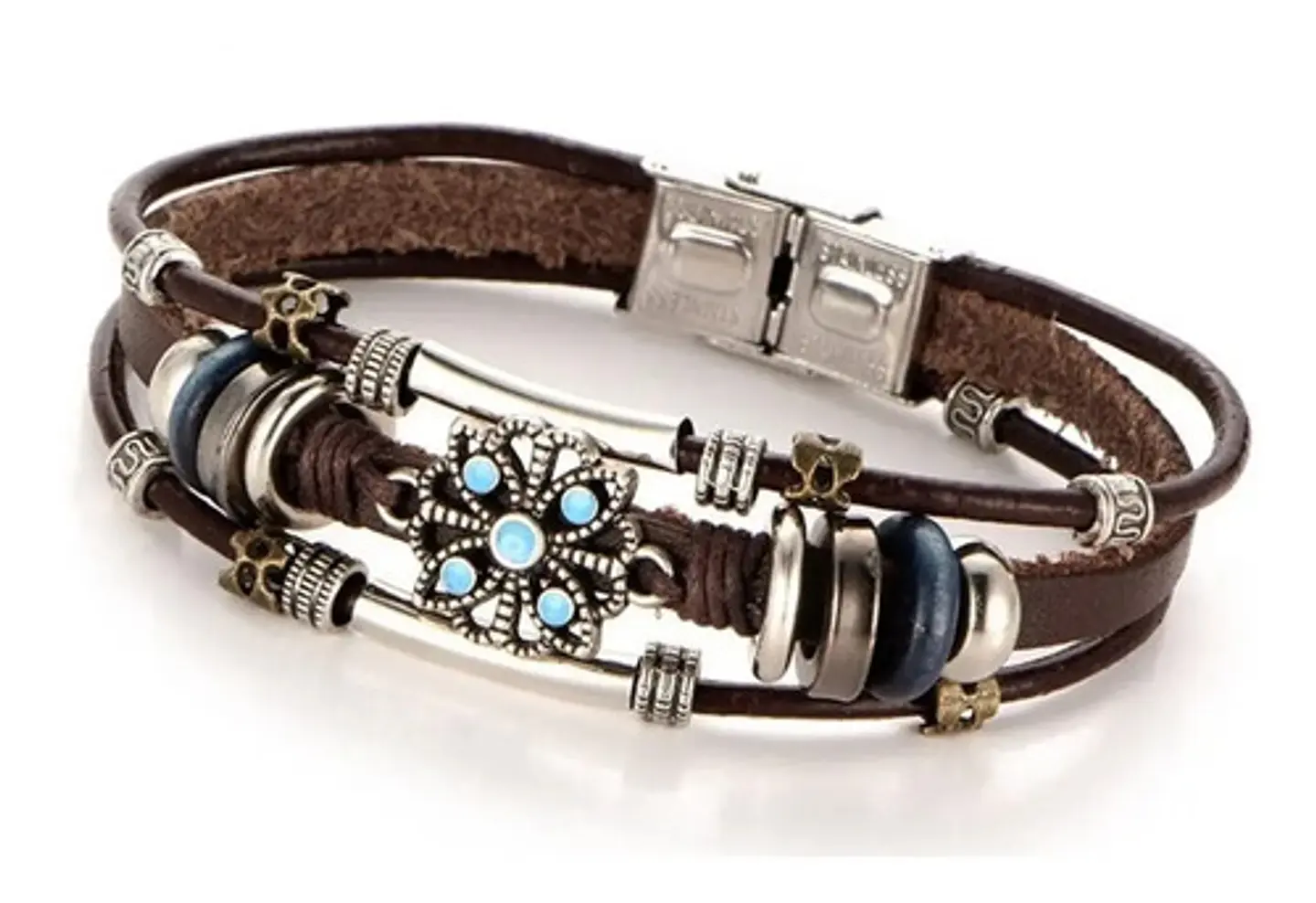 Pulsera Brazalete Manilla Cuero Tipo Bohemia Piedra Hombre 1