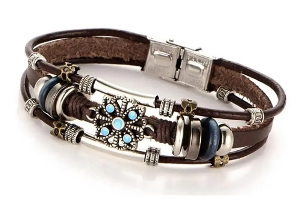 Pulsera Brazalete Manilla Cuero Tipo Bohemia Piedra Hombre 1