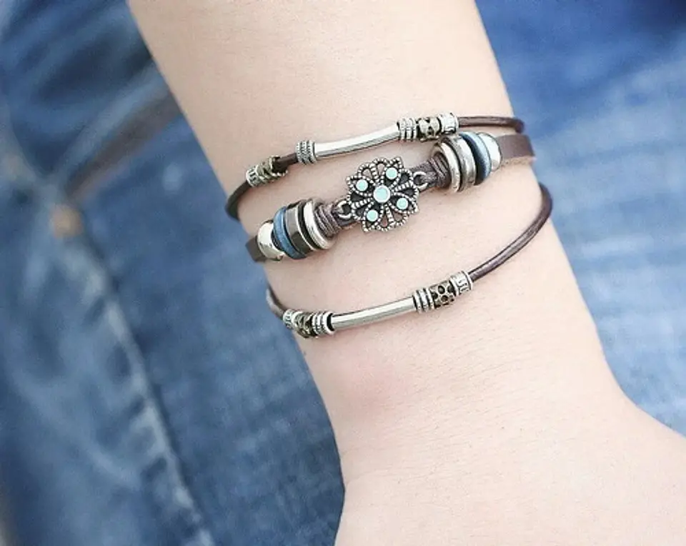 Pulsera Brazalete Manilla Cuero Tipo Bohemia Piedra Hombre 4