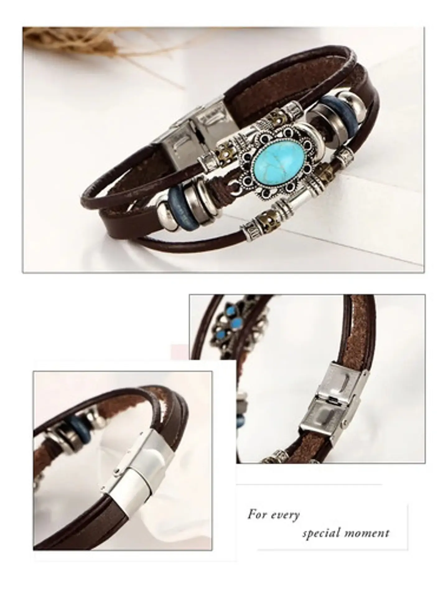 Pulsera Brazalete Manilla Cuero Tipo Bohemia Piedra Hombre 7