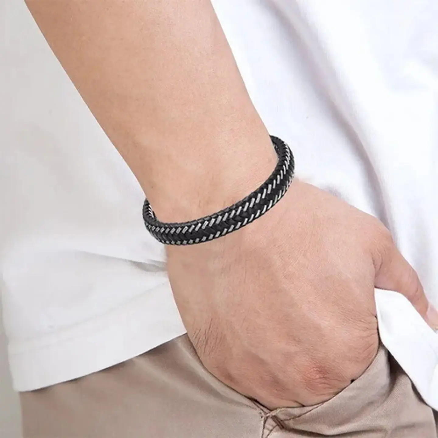 Pulsera Brazalete Cuero Trenzado Clásico 12 Mm Tejida Hombre 3