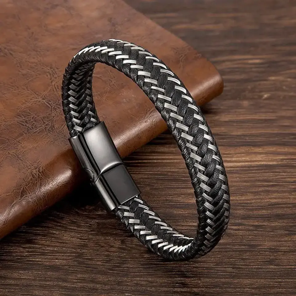 Pulsera Brazalete Cuero Trenzado Clásico 12 Mm Tejida Hombre 4