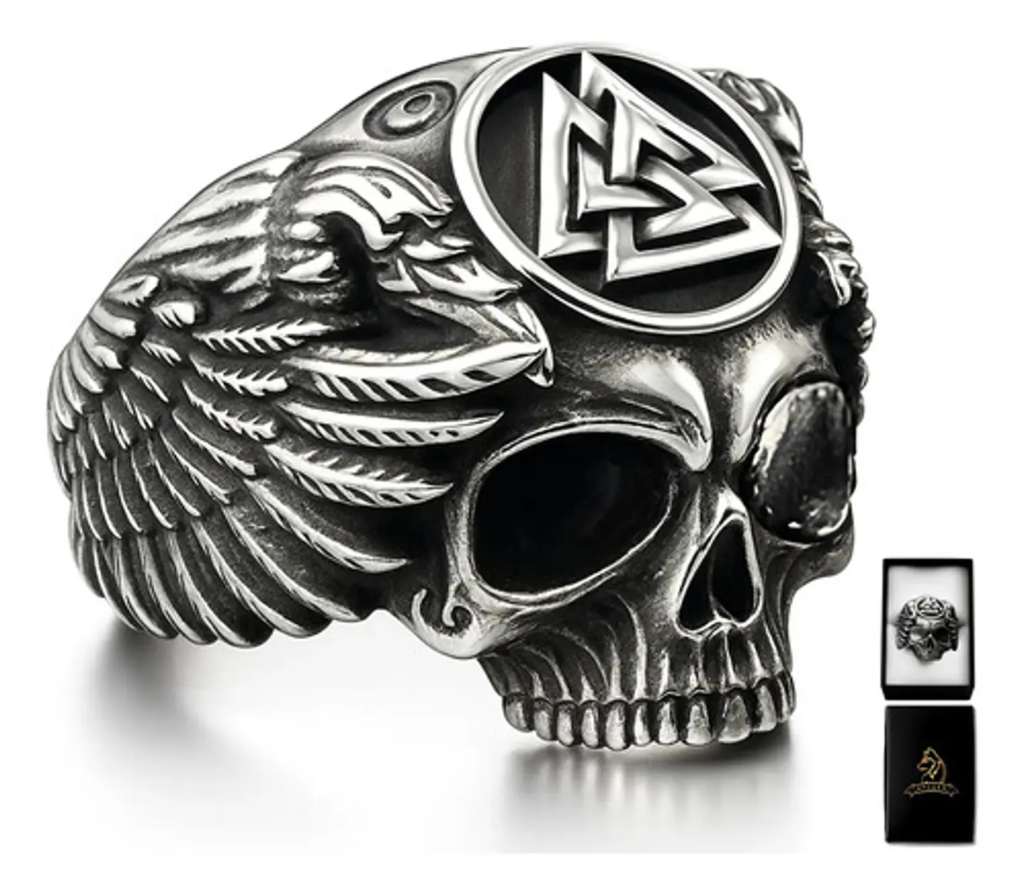 Anillo Color Plata Calavera Vikingo Valknut Calavera Hombre 1