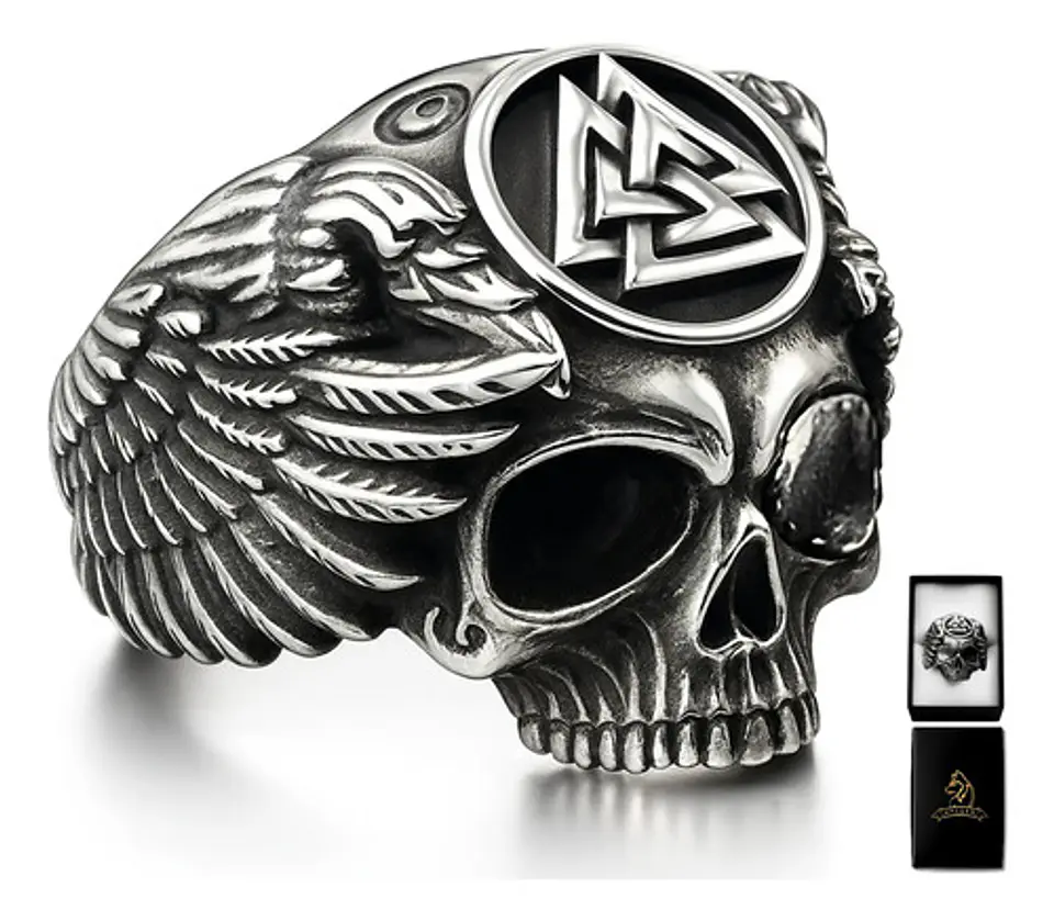 Anillo Color Plata Calavera Vikingo Valknut Calavera Hombre 1