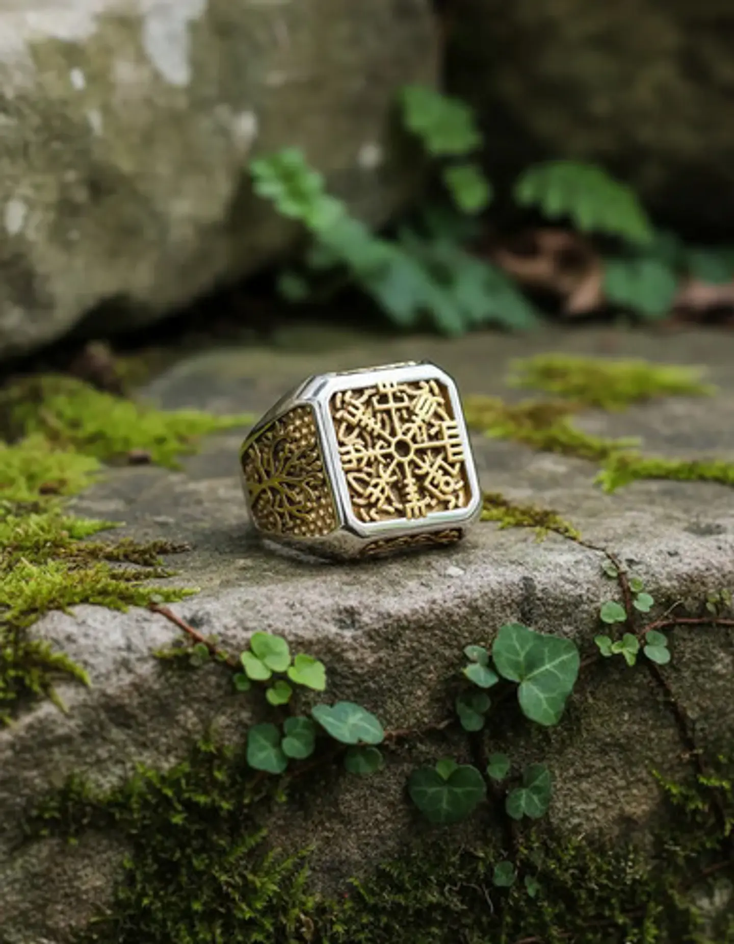 Anillo Valknut Color Oro Vegvisir Yggdrasi Vikingo Hombre 3