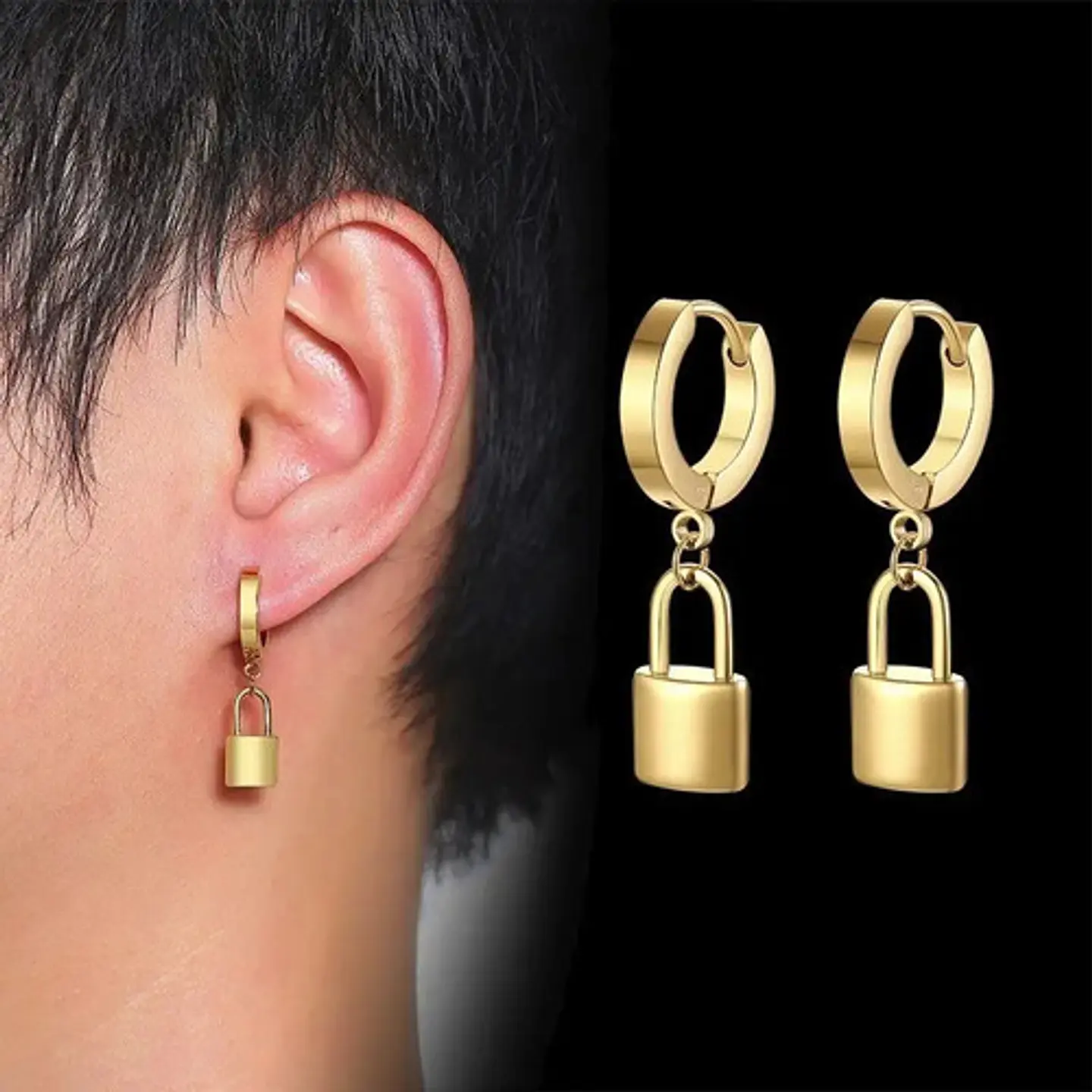 Aretes Pendientes Candado Color Oro Minimalista Hombre Mujer 6