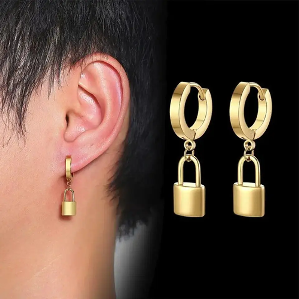 Aretes Pendientes Candado Color Oro Minimalista Hombre Mujer 6