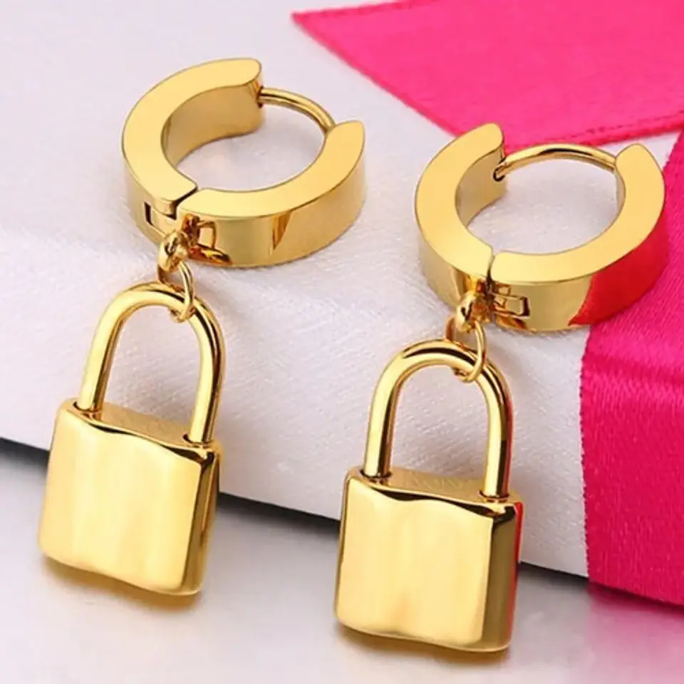 Aretes Pendientes Candado Color Oro Minimalista Hombre Mujer 7