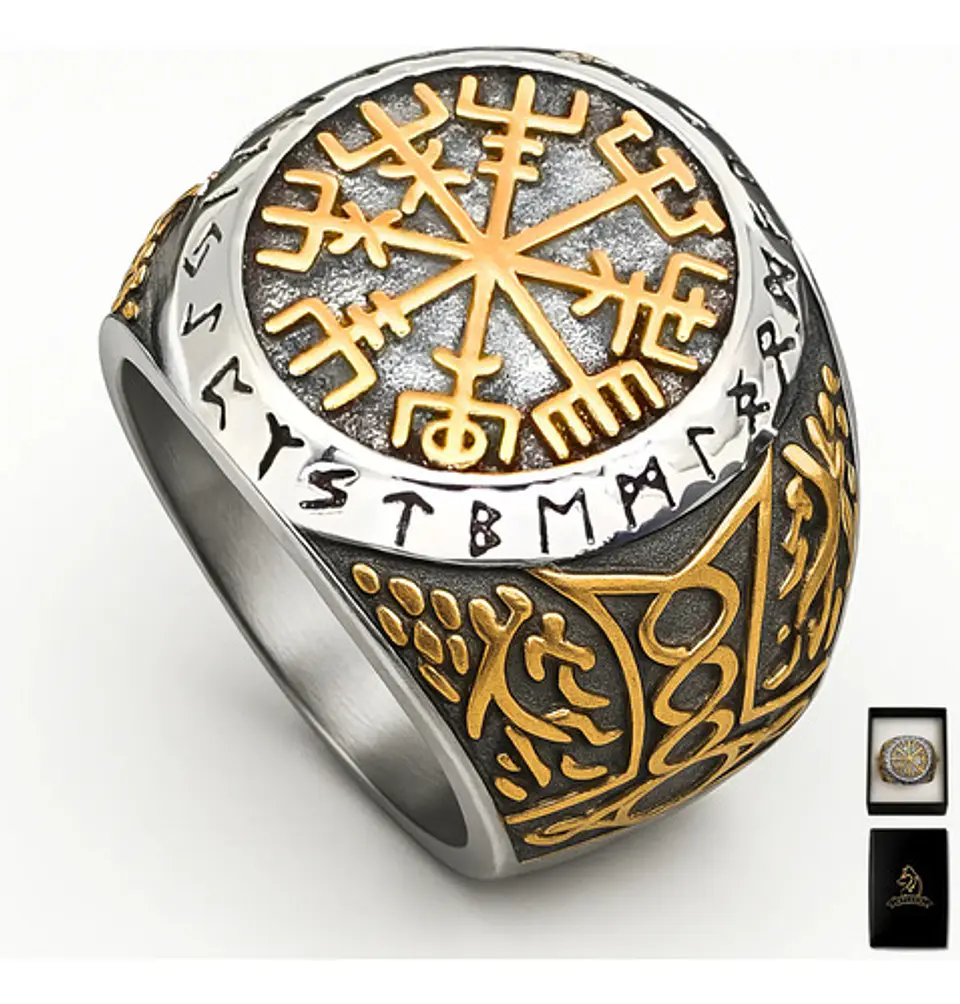 Anillo Acero Color Oro Vegvisir Yggdrasi Vikingo Para Hombre 1