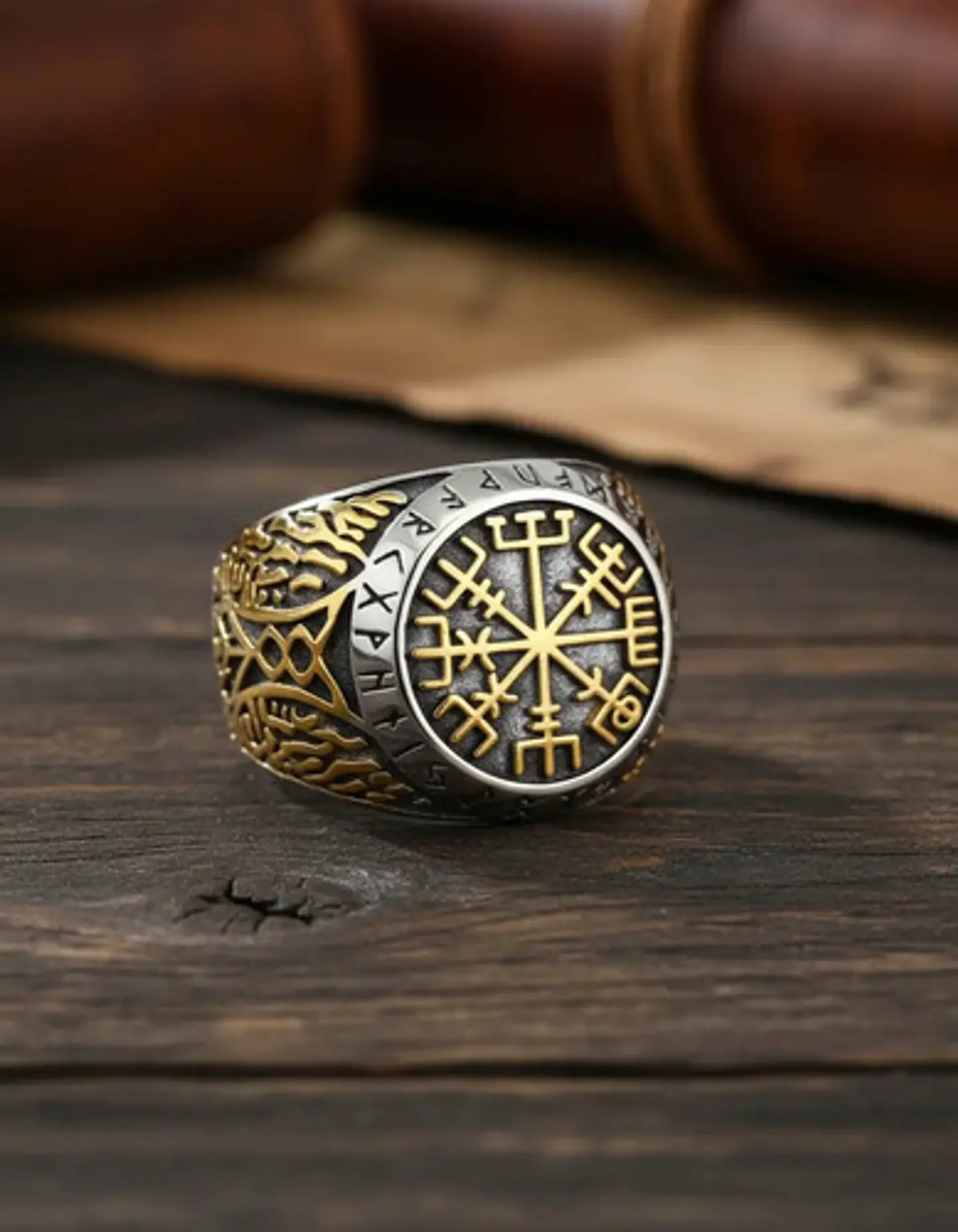 Anillo Acero Color Oro Vegvisir Yggdrasi Vikingo Para Hombre 2