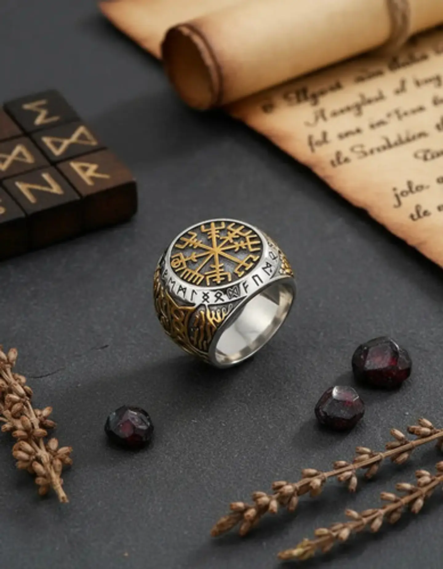 Anillo Acero Color Oro Vegvisir Yggdrasi Vikingo Para Hombre 3