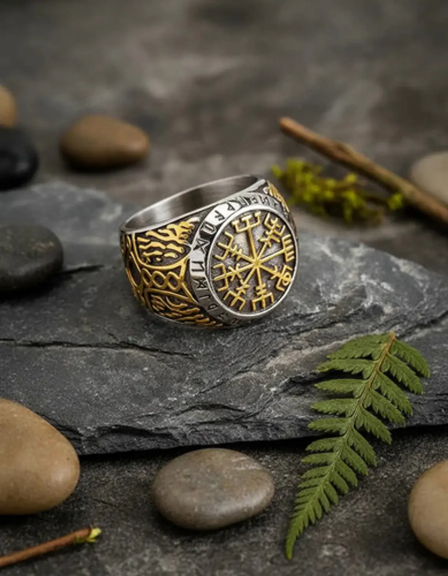 Anillo Acero Color Oro Vegvisir Yggdrasi Vikingo Para Hombre 6