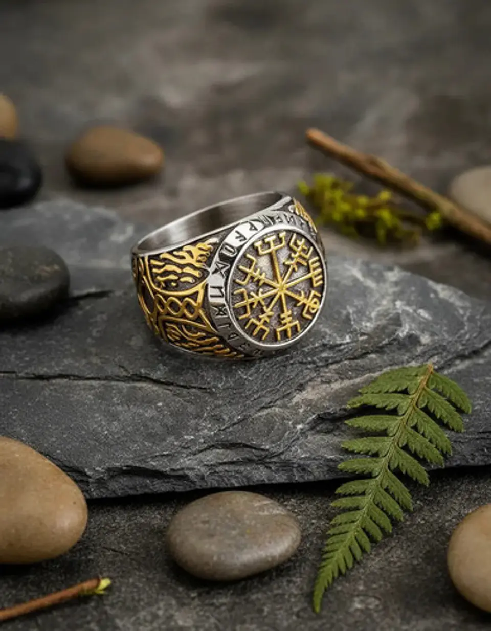 Anillo Acero Color Oro Vegvisir Yggdrasi Vikingo Para Hombre 6