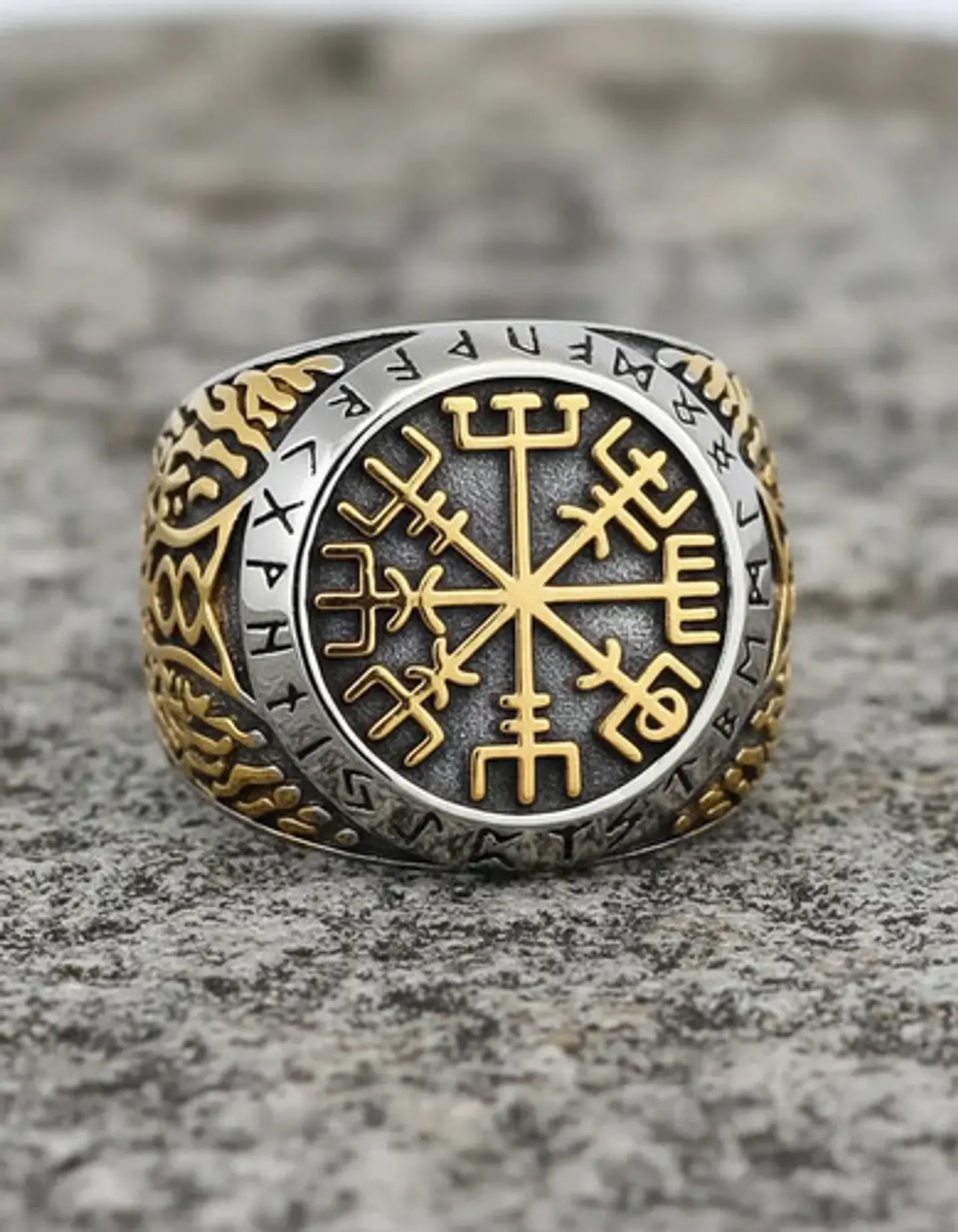 Anillo Acero Color Oro Vegvisir Yggdrasi Vikingo Para Hombre 7