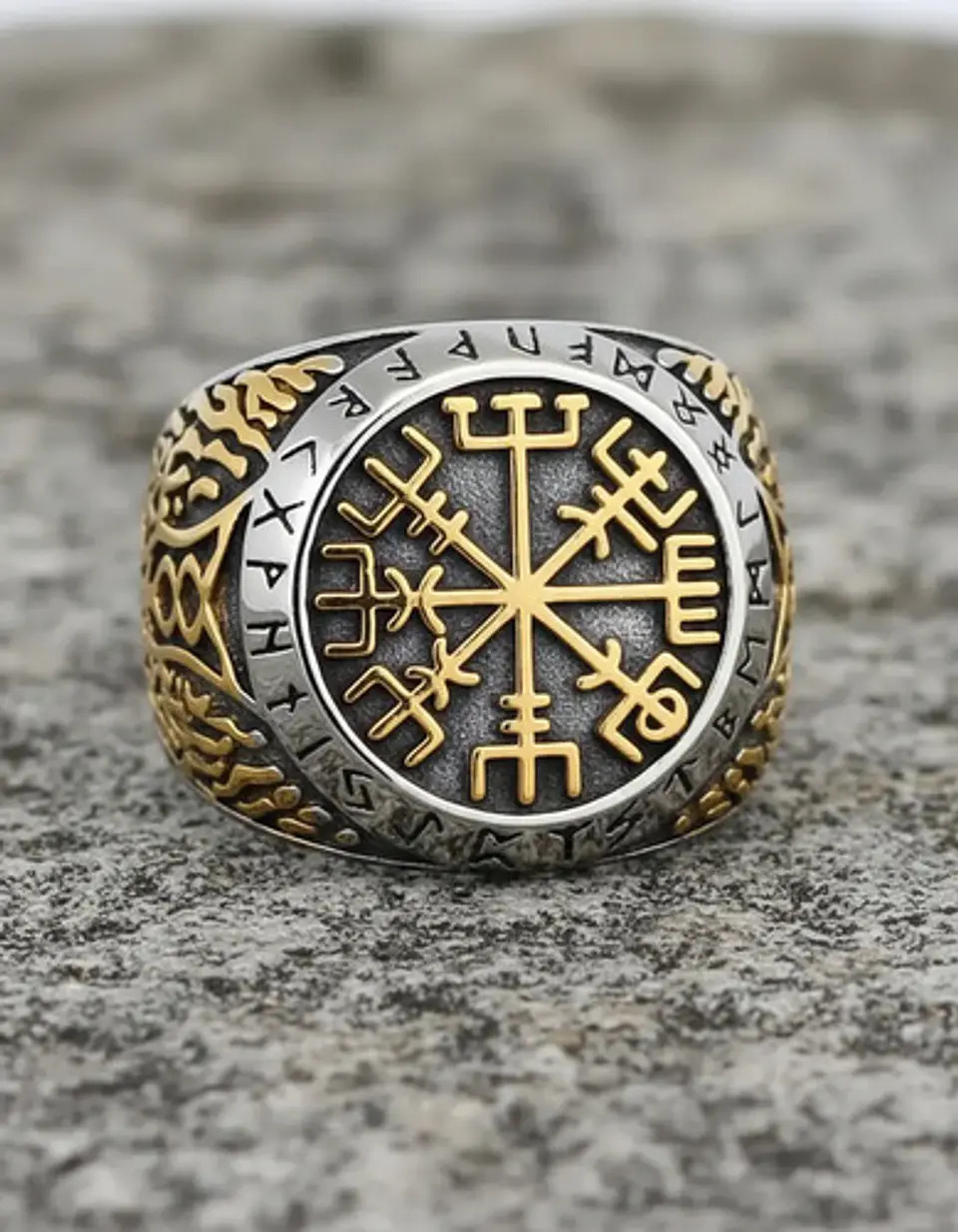 Anillo Acero Color Oro Vegvisir Yggdrasi Vikingo Para Hombre 7