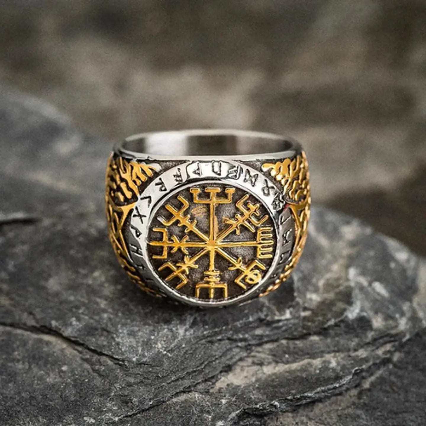 Anillo Acero Color Oro Vegvisir Yggdrasi Vikingo Para Hombre 9
