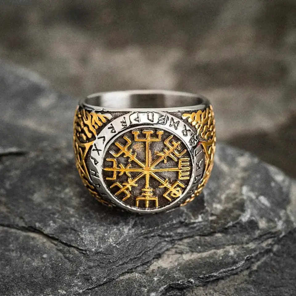 Anillo Acero Color Oro Vegvisir Yggdrasi Vikingo Para Hombre 9