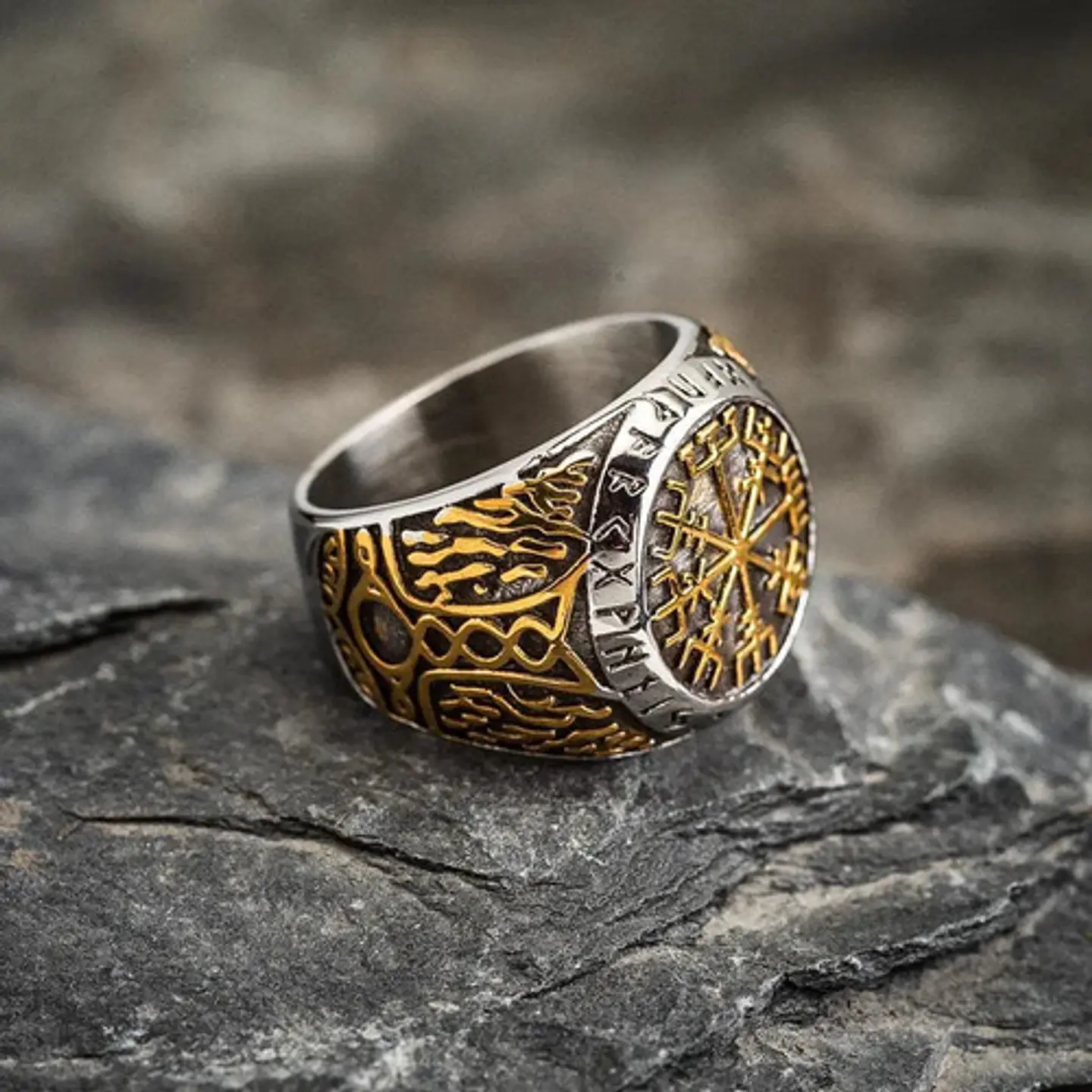 Anillo Acero Color Oro Vegvisir Yggdrasi Vikingo Para Hombre 10